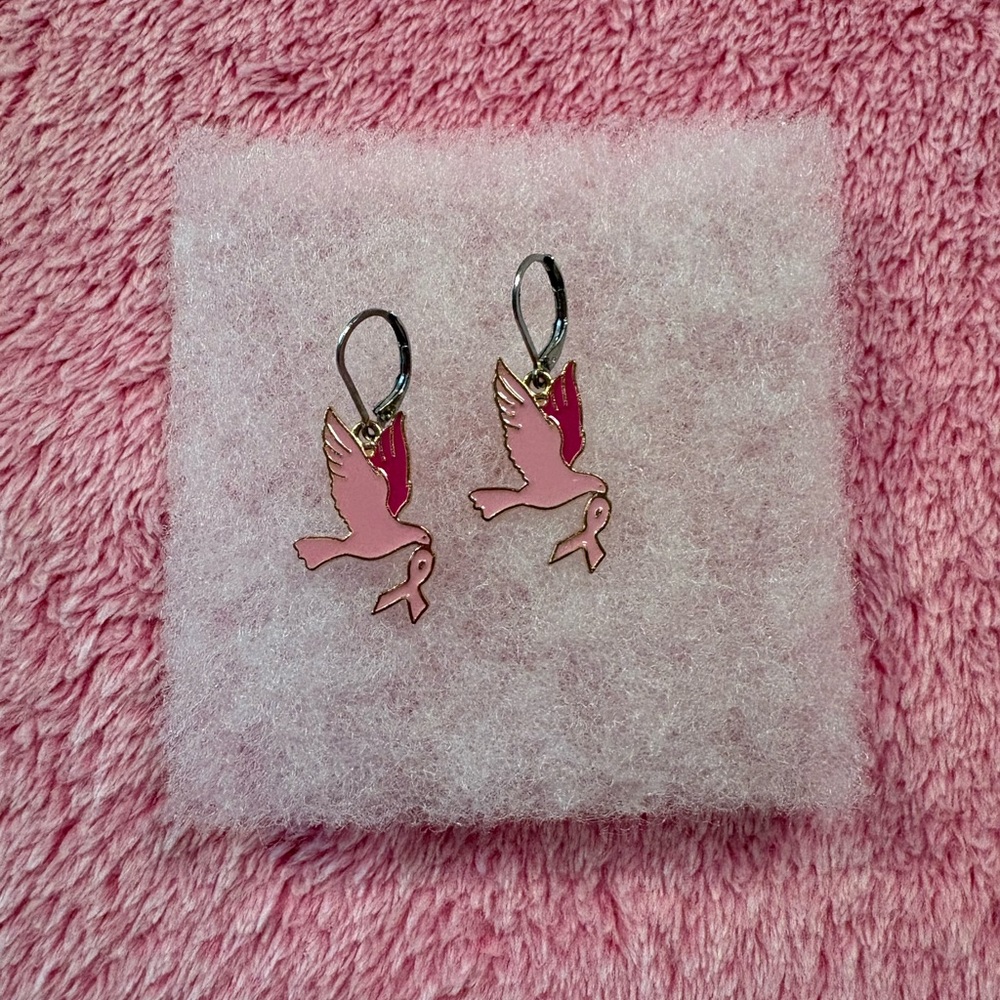Breast Cancer Awareness Pink Ribbon Dove Earrings